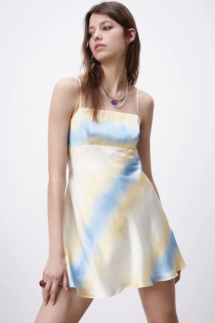 Vestido corto lencero con escote cuadrado y estampado tie-dye - Amarillo