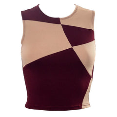 Geometric Print Crew Neck Rib Crop Tank Top - Fuchsia