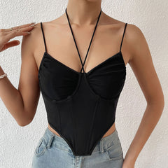 Neckholder-Bustier, gebogen, ärmellos, kurzes Korsett-Top aus Netzstoff - Schwarz