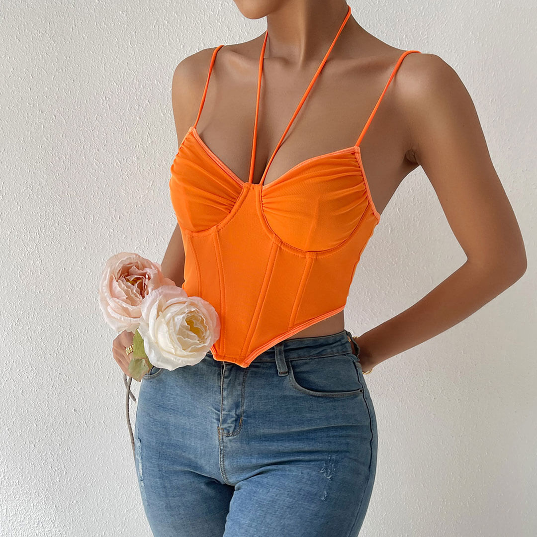 Neckholder-Bustier, gebogen, ärmellos, kurzes Korsett-Oberteil aus Netzstoff – gebranntes Orange