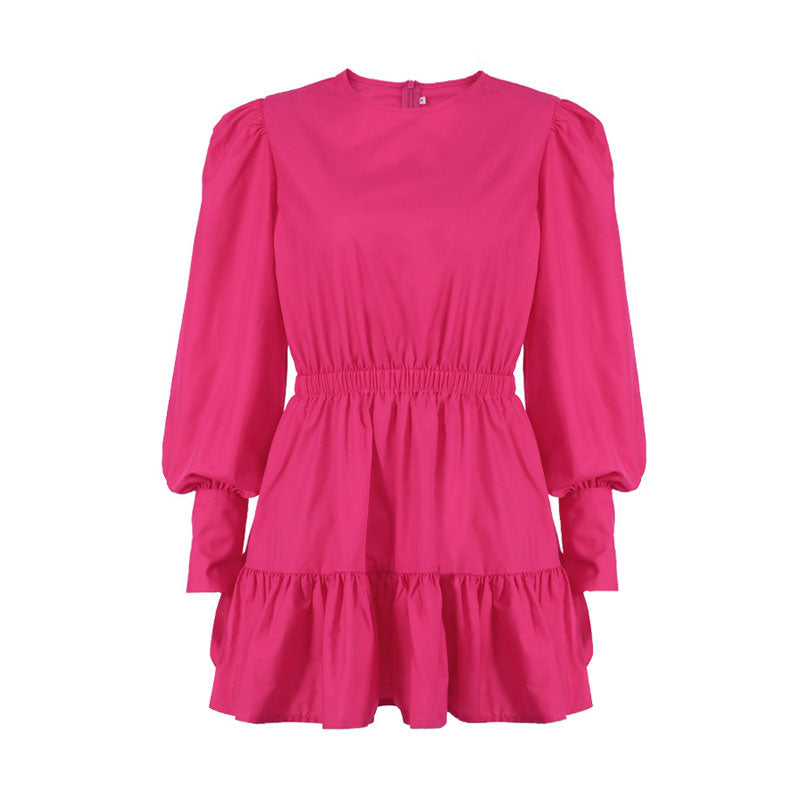 Puff Sleeve Gathered Waist Ruffle Smock Mini Dress - Hot Pink