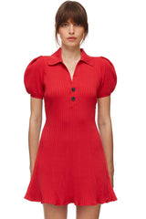 Trendy Puff Sleeve Ribbed Winter Polo Sweater Mini Dress - Red