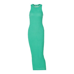 Vestido midi de punto trenzado con cuello redondo y sin mangas - Verde