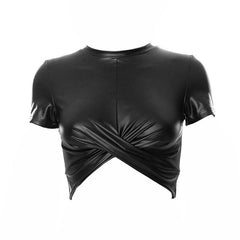 Crop Top mit Rundhalsausschnitt und gedrehter Vorderseite - Schwarz