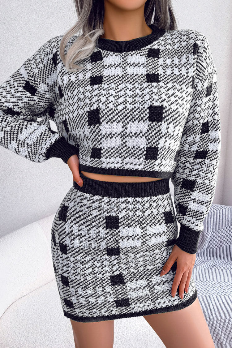 Two Tone Plaid Knitted Cropped Sweater Mini Skirt Two Piece Dress - Black
