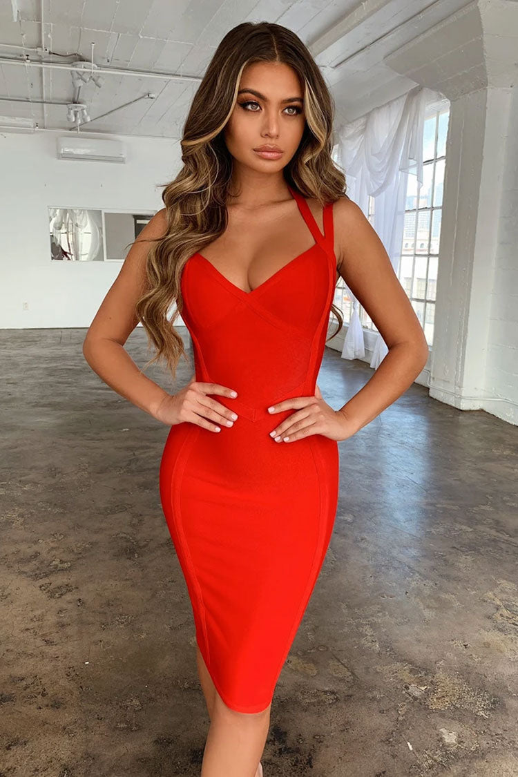 Vestido de cóctel midi ajustado con cuello halter y banda - Rojo