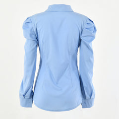 Unique Puff Sleeve Collared Button Down Ruched Shirt - Blue