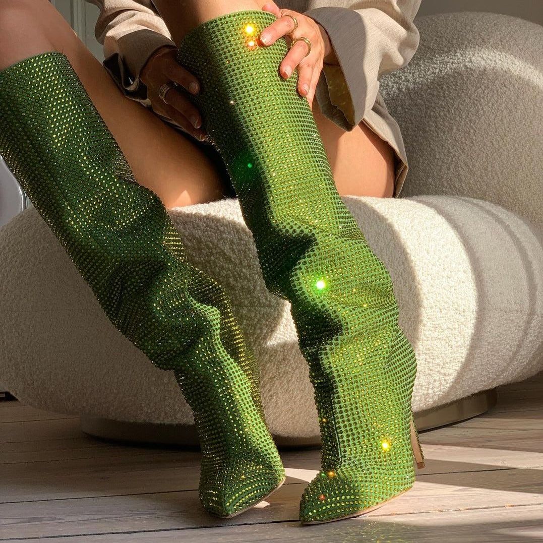Fashionista Glitter Rhinestone Knee-High Stilettos Boots