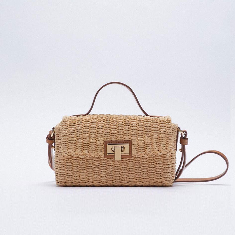 Vacation Ready Woven Trim Top Handle Crossbody Bag - Brown