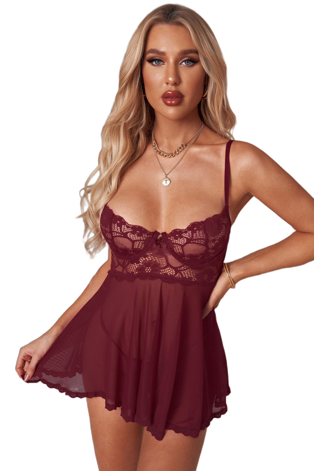 Babydoll con empalme de tul y sujetador de encaje de San Valentín