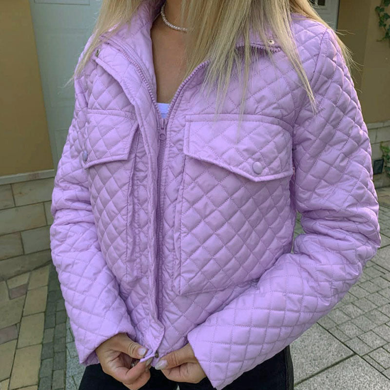 Versatile Collar Flap Pocket Long Sleeve Diamond Quilted Jacket - Purple