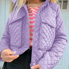 Versatile Collar Flap Pocket Long Sleeve Diamond Quilted Jacket - Purple