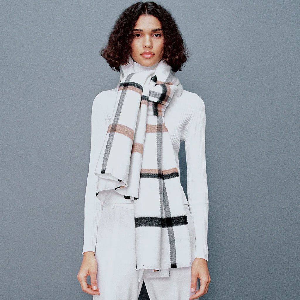 Versatile Plaid Print Frayed Blanket Scarf - White