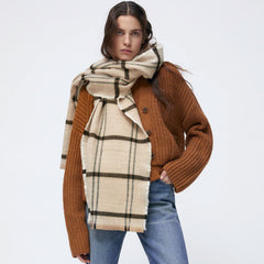 Versatile Plaid Printed Frayed Blanket Scarf - Khaki