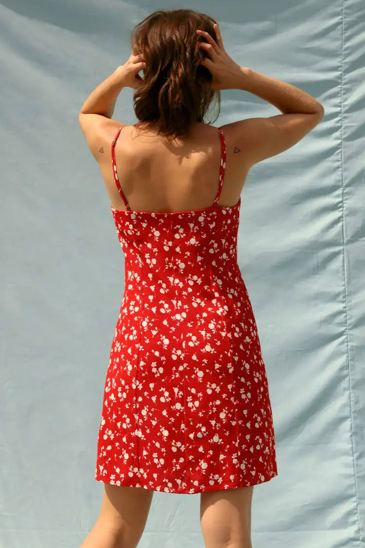 Minivestido veraniego con cuello en V y botones, con estampado floral vibrante - Rojo