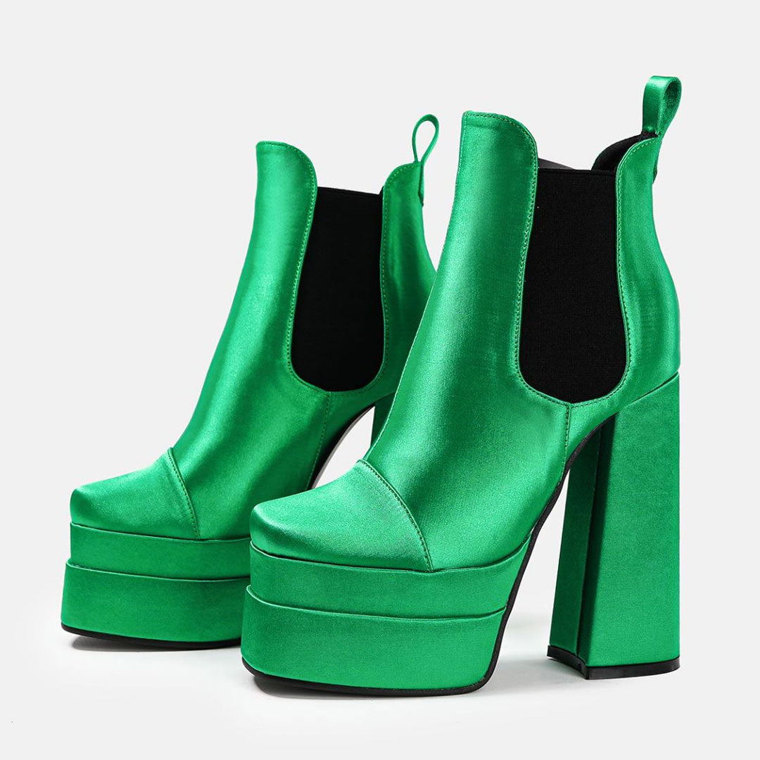 Square Toe Chunky High Heel Platform Ankle Boots - Green