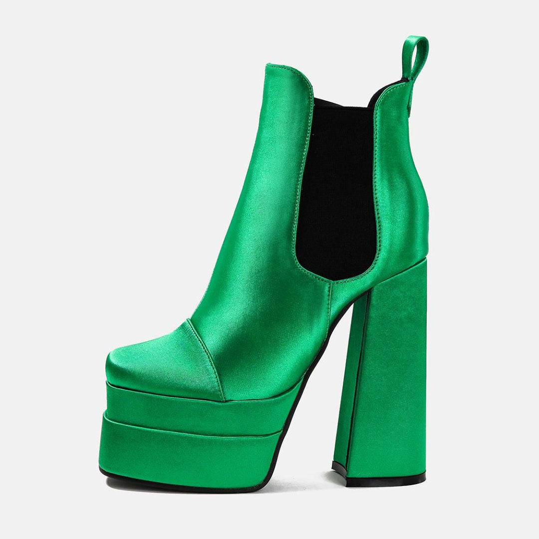 Square Toe Chunky High Heel Platform Ankle Boots - Green