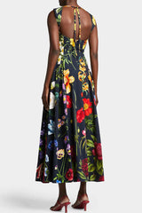 Ärmelloses Midikleid mit Perlenbesatz und Blumenmuster im Vintage-Stil für den Strandurlaub - Schwarz
