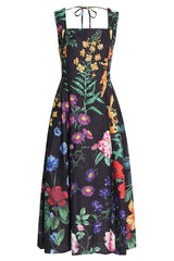 Ärmelloses Midikleid mit Perlenbesatz und Blumenmuster im Vintage-Stil für den Strandurlaub - Schwarz
