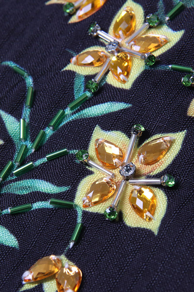 Ärmelloses Midikleid mit Perlenbesatz und Blumenmuster im Vintage-Stil für den Strandurlaub - Schwarz