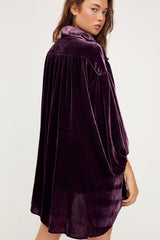 Vintage Bishop Sleeve Button Up Velvet High Low Shirt Dress - Purple
