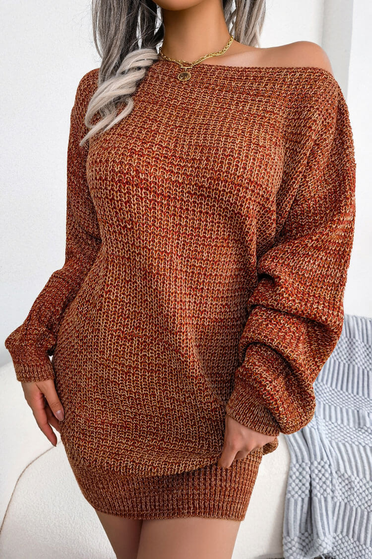 Vestido mini de punto jaspeado con cuello barco y manga larga vintage - Café