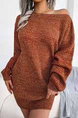 Vestido mini de punto jaspeado con cuello barco y manga larga vintage - Café