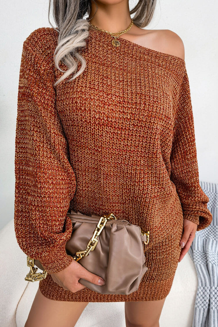 Vestido mini de punto jaspeado con cuello barco y manga larga vintage - Café
