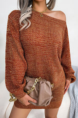 Vestido mini de punto jaspeado con cuello barco y manga larga vintage - Café