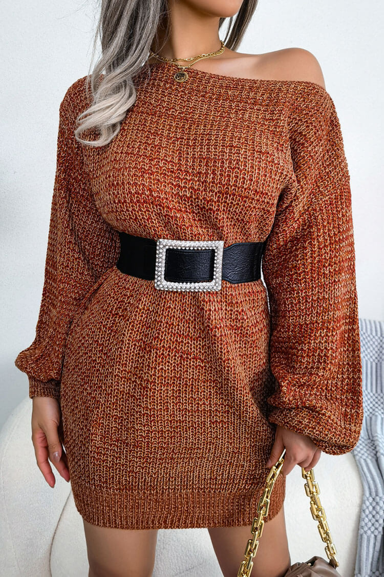 Vestido mini de punto jaspeado con cuello barco y manga larga vintage - Café