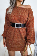 Vestido mini de punto jaspeado con cuello barco y manga larga vintage - Café