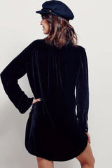 Minivestido vintage de terciopelo con cuello en V y manga larga - Negro