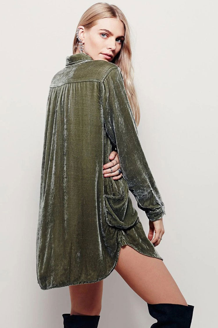 Minivestido vintage de terciopelo con cuello en V y manga larga - Verde