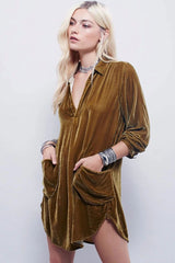 Vestido mini vintage de terciopelo con cuello en V y manga larga - Caqui