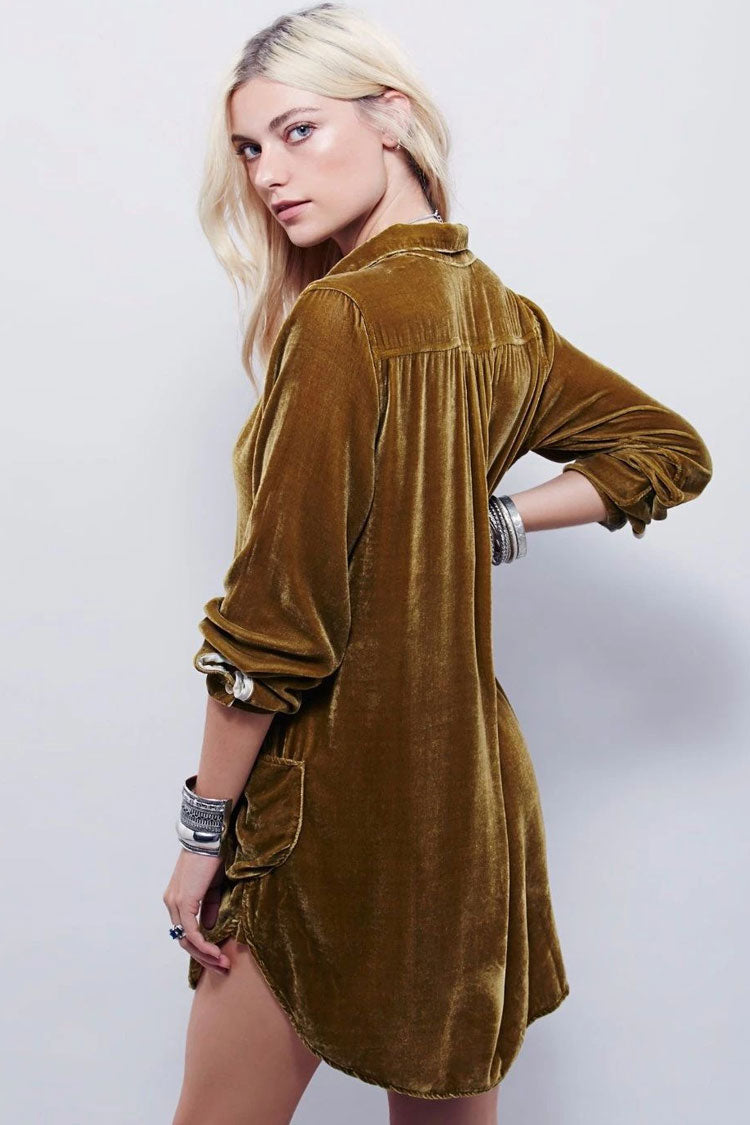 Vestido mini vintage de terciopelo con cuello en V y manga larga - Caqui