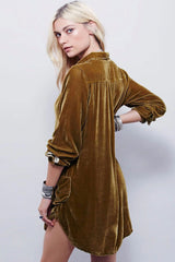 Vestido mini vintage de terciopelo con cuello en V y manga larga - Caqui