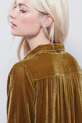 Vestido mini vintage de terciopelo con cuello en V y manga larga - Caqui