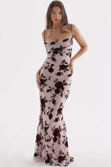 Vestido largo vintage de malla con cuello vuelto, estampado floral, sin espalda y cola de pez