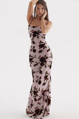 Vestido largo vintage de malla con cuello vuelto, estampado floral, sin espalda y cola de pez