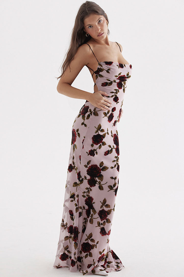 Vestido largo vintage de malla con cuello vuelto, estampado floral, sin espalda y cola de pez