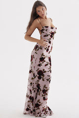 Vestido largo vintage de malla con cuello vuelto, estampado floral, sin espalda y cola de pez