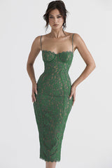 Vestido de cóctel midi vintage de encaje con escote en forma de corazón y pestañas - Verde