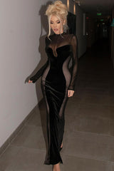 Vestido largo vintage de cola de pez con mangas largas y panel de malla de terciopelo transparente - Negro