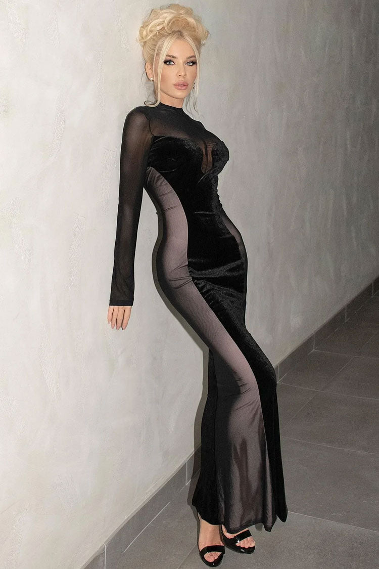 Vintage Fishtail Long Sleeve Velvet Mesh Panel Sheer Maxi Dress - Black