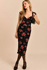 Vestido midi ajustado con mangas cortas, estampado floral vintage, de malla y fruncido - Negro