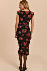 Vestido midi ajustado con mangas cortas, estampado floral vintage, de malla y fruncido - Negro