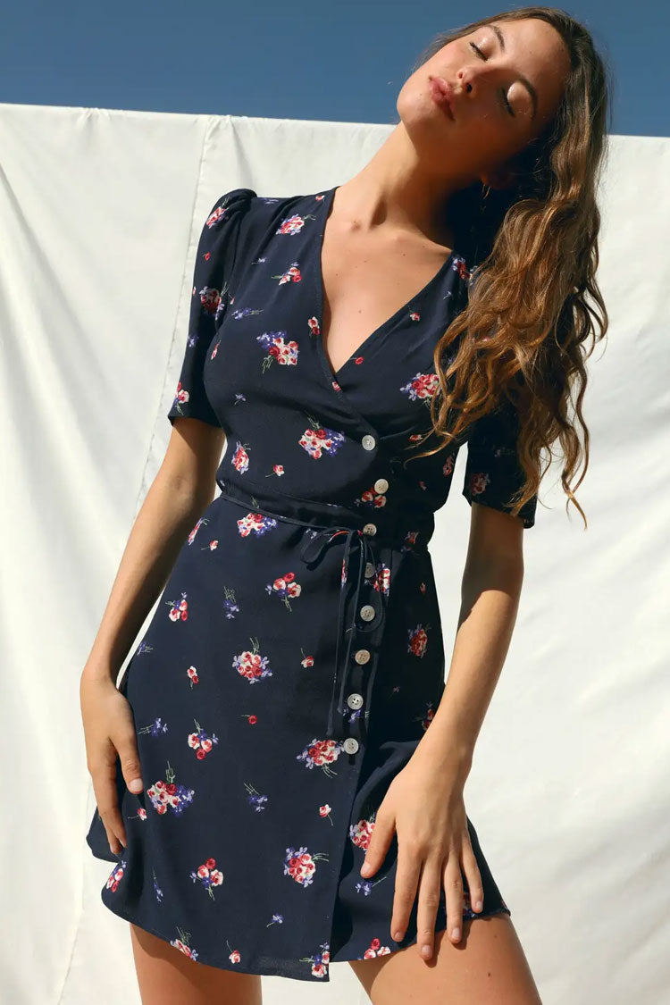 Vestido corto cruzado francés con mangas abullonadas y estampado floral vintage - Azul marino