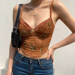 Vintage Lacy Sweetheart Neck Floral Printed Crop Tank Top - Brown