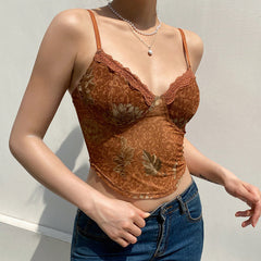 Vintage Lacy Sweetheart Neck Floral Printed Crop Tank Top - Brown