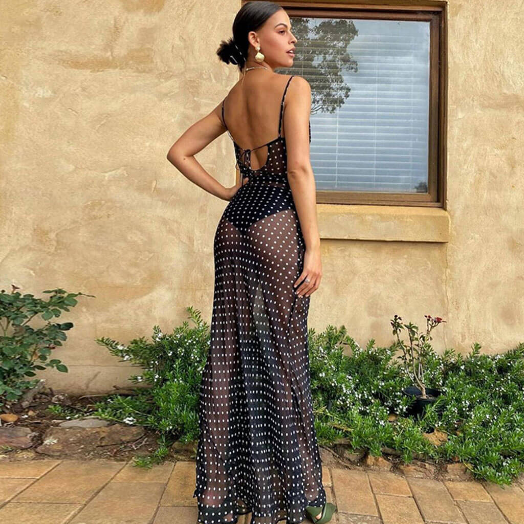 Vintage Polka Dot Cowl Neck Floss Strap Sheer Maxi Dress